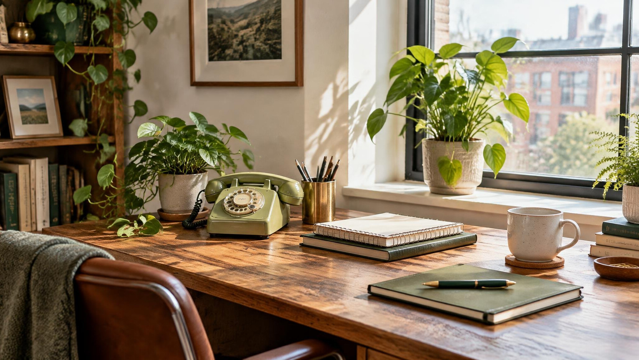Cozy editorial office with plants and a vintage telephone