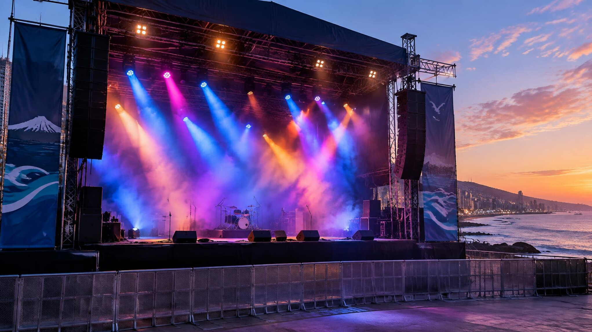 Concert stage with colorful lights and empty floor